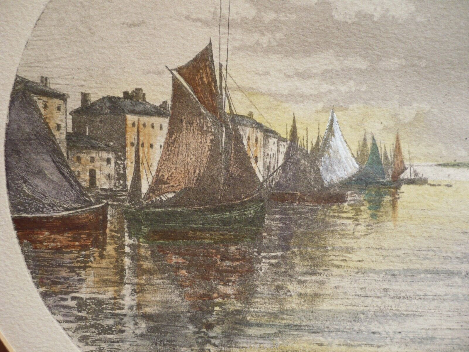 MYSTERY ETCHING in Color PENCIL SIGNED VINTAGE PRINT SHIPS , MODERN & LISTED ART