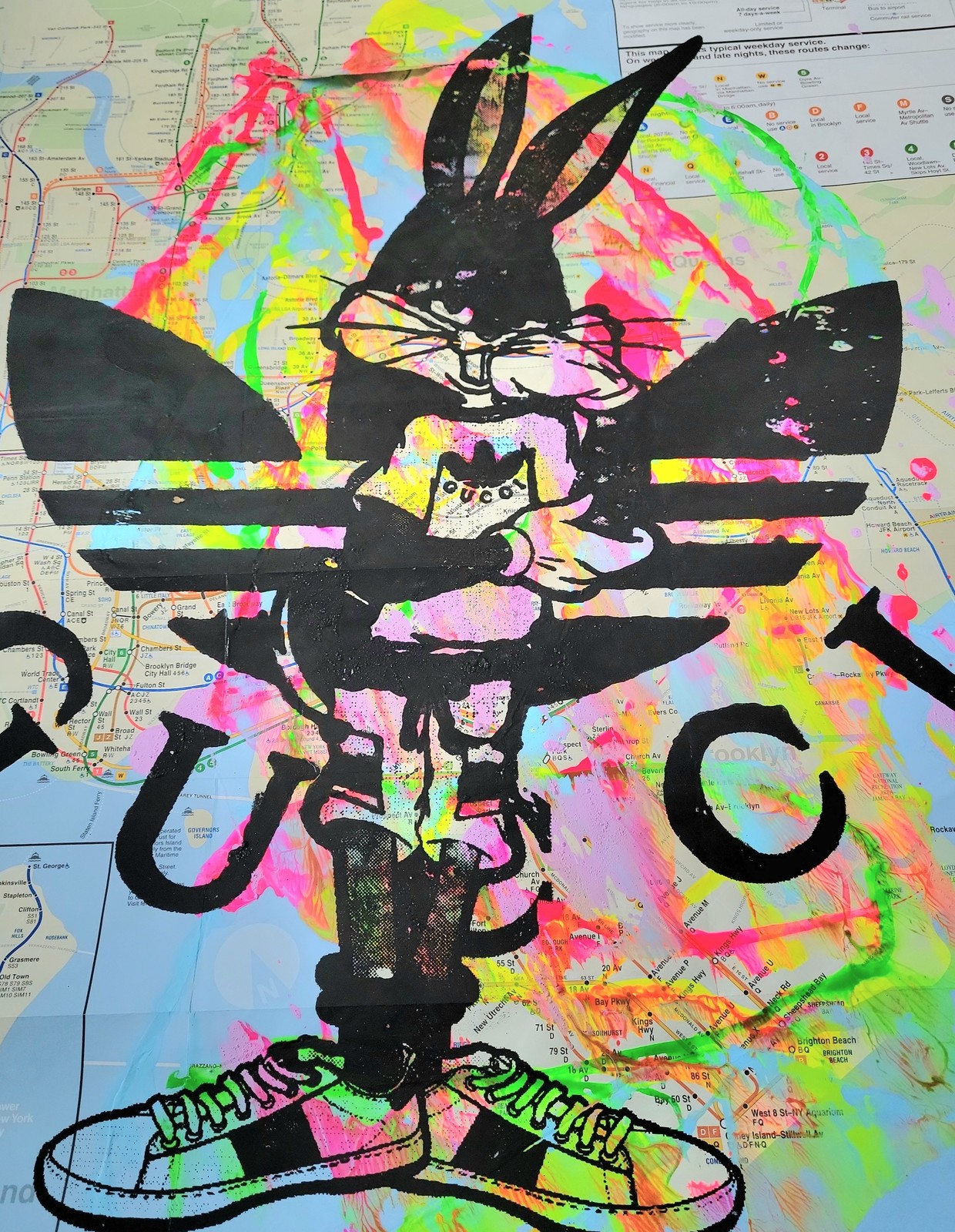 Handpainted Bugs Bunny Acrylic Luxury Pop Art on NYC Subway Map Wall Decor