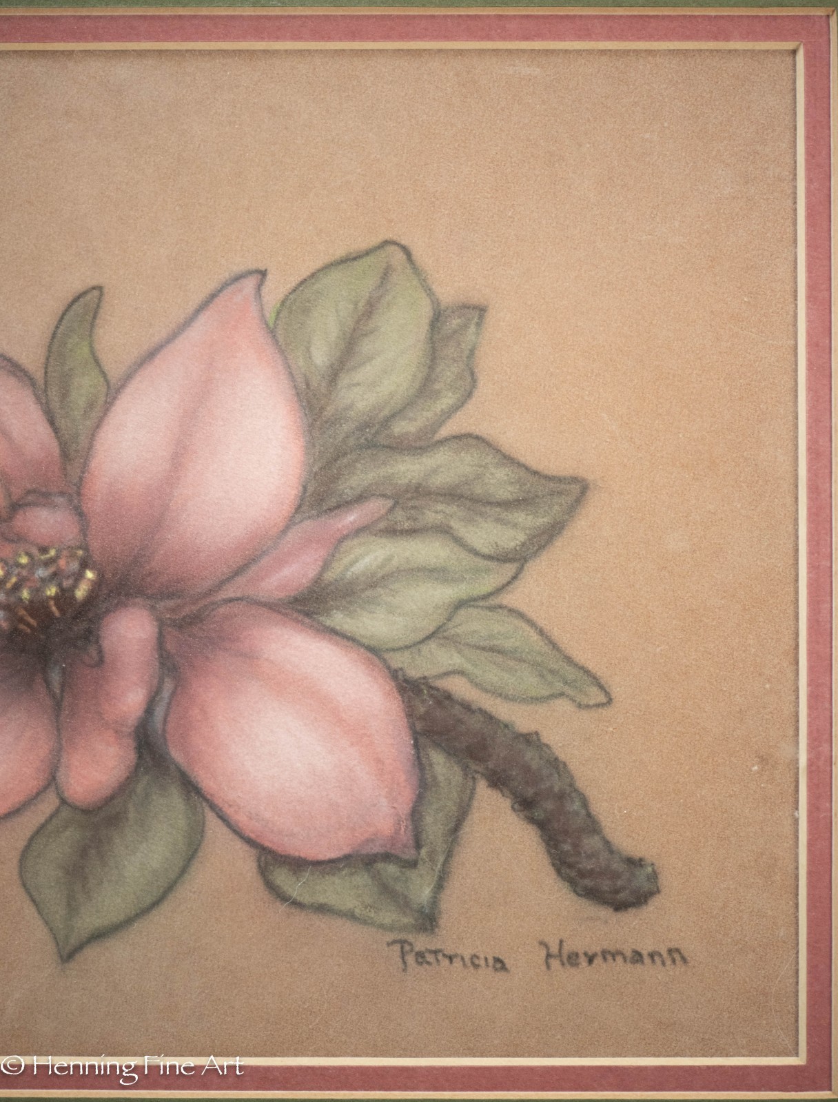 Vintage Painting of Pink Magnolia Flower by Patricia Hermann, Framed & Fine!