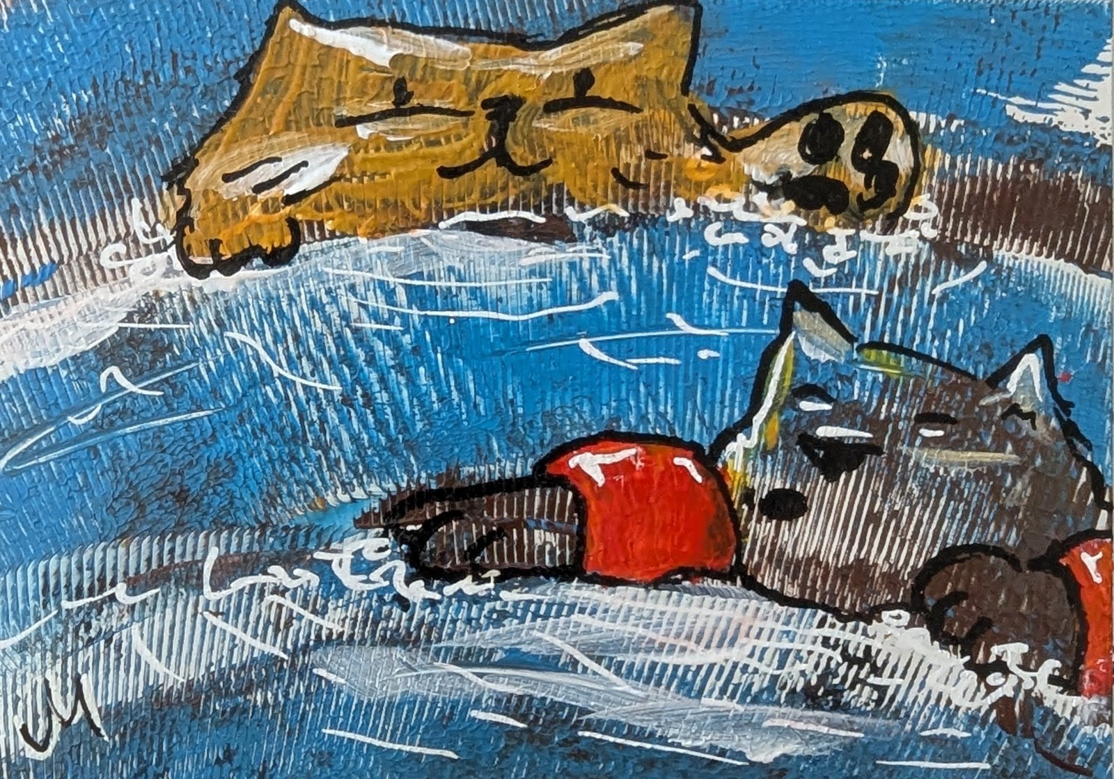 ACEO Cat Painting Original Kitten Beach Seaside Folk Abstract Art Josh Merritt
