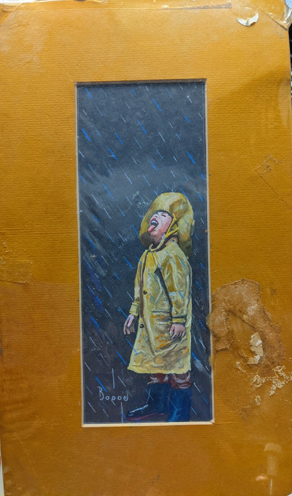Original Watercolor Painting By E R Bodge of Boy in the Rain 4 1/2″ x 10 3/4″