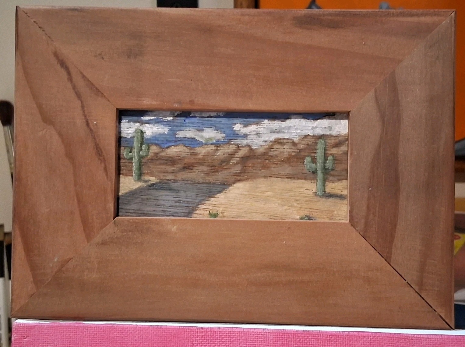 Original Painting- Oil on Wood- 1.75×4″- Handmade Frame -desert landscape Signed