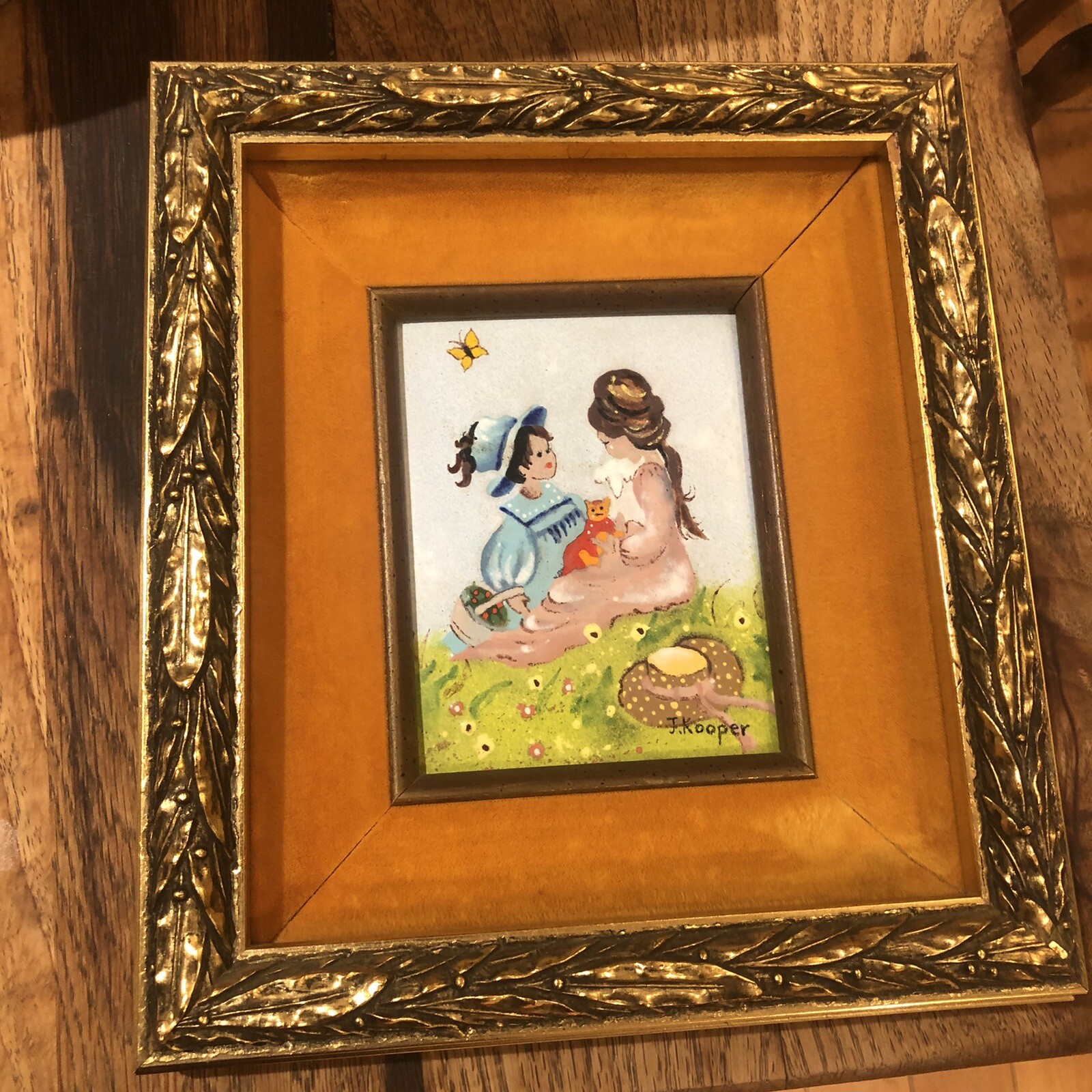 Enamel on Copper Painting Two Girls in Dresses with A Cat Signed J Kooper Framed