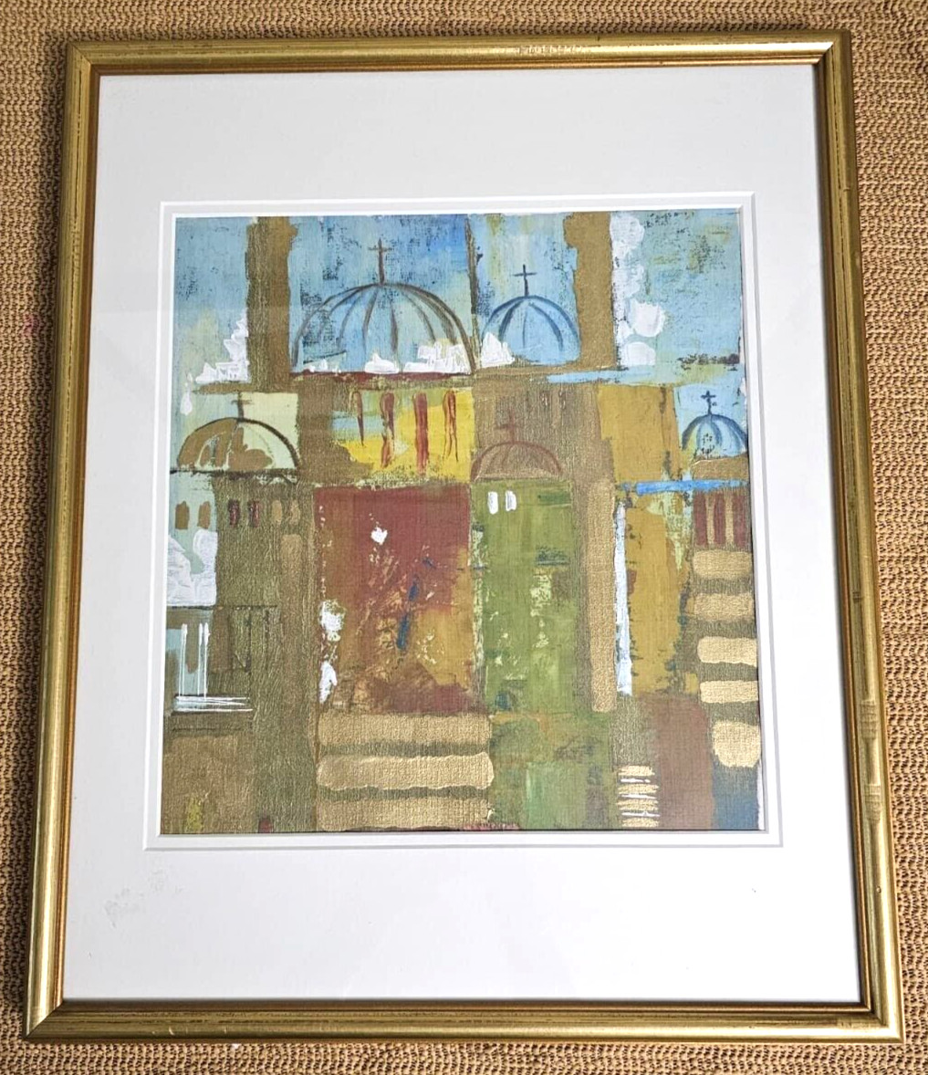 Unsigned Painting Abstract Scene Church Domes w Crosses Gold Finish 21″x 17″