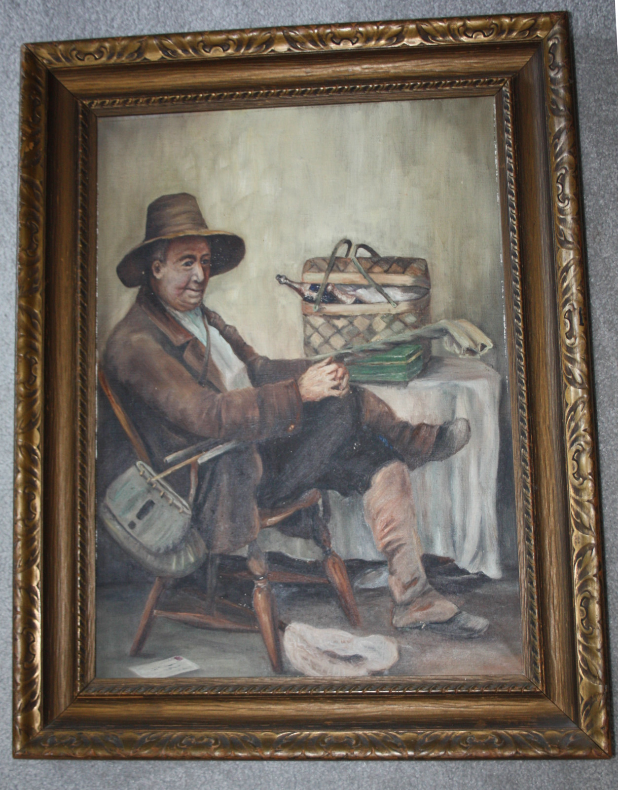 Waiting for the Fishing Party after LC Earle Vtg Antique Oil Painting Tobacco
