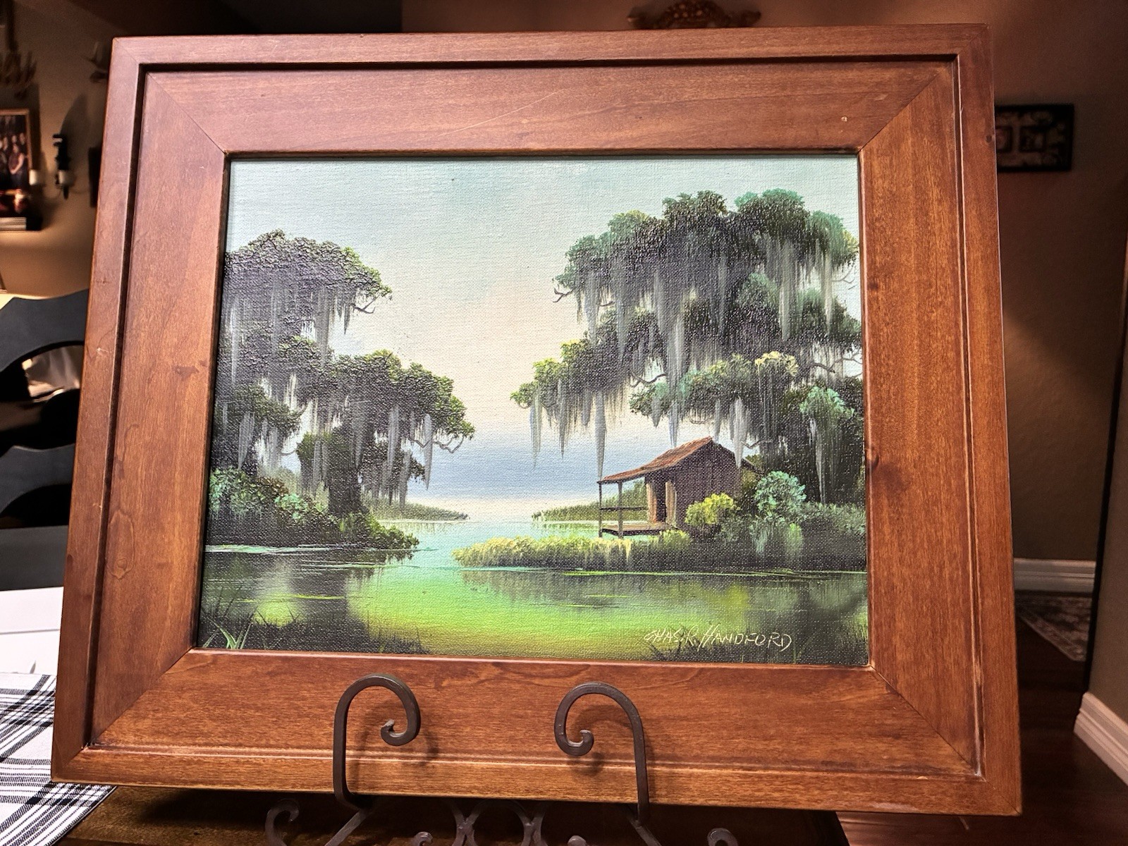 11″x14″ Charles R. Hanford Lousiana Bayou Oil Painting in18.5″x15.5″ Wood Frame