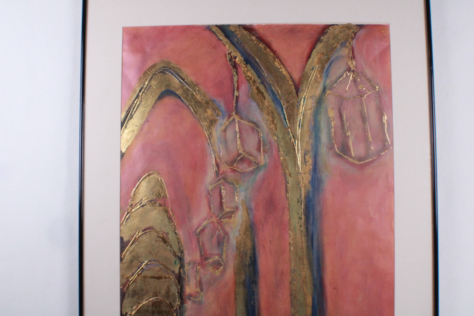 Mid Century Red And Gold Abstract Mixed Media Painting Signed Nail