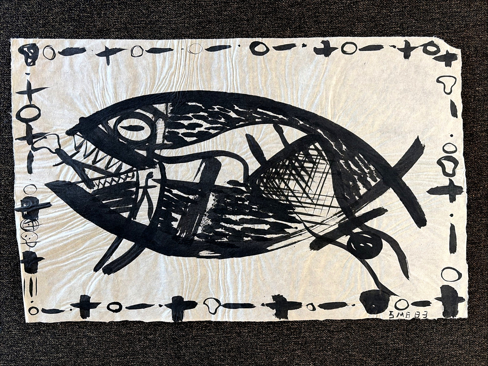 Vintage 80s Outsider Art Primitive Figural Painting Stuart Buehler 17×11″ Fish