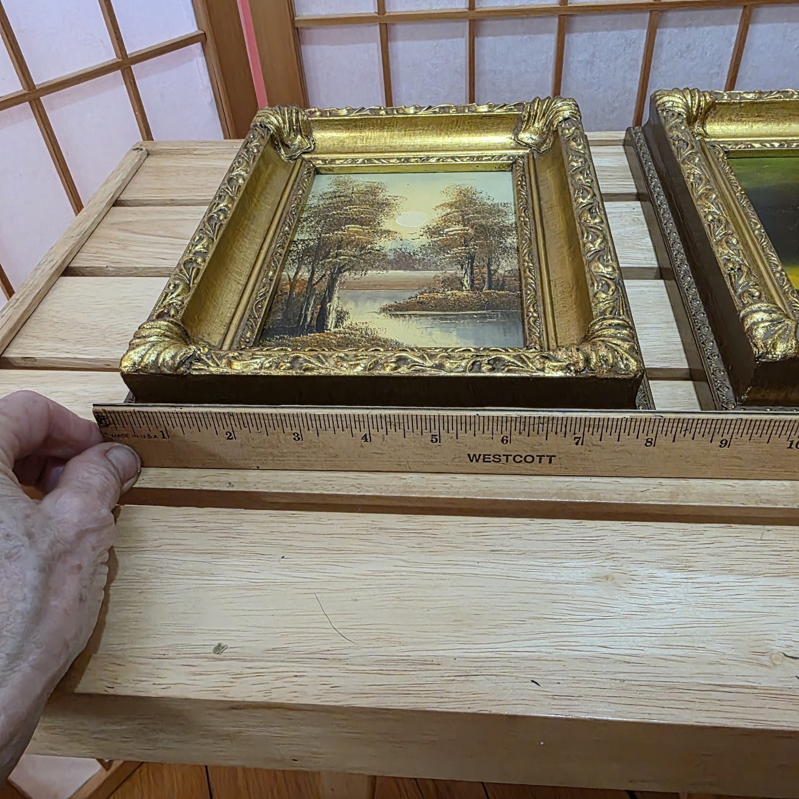 Pair Vtg Small Miniature Signed Art Oil Paintings on Board Framed Gold Ornate