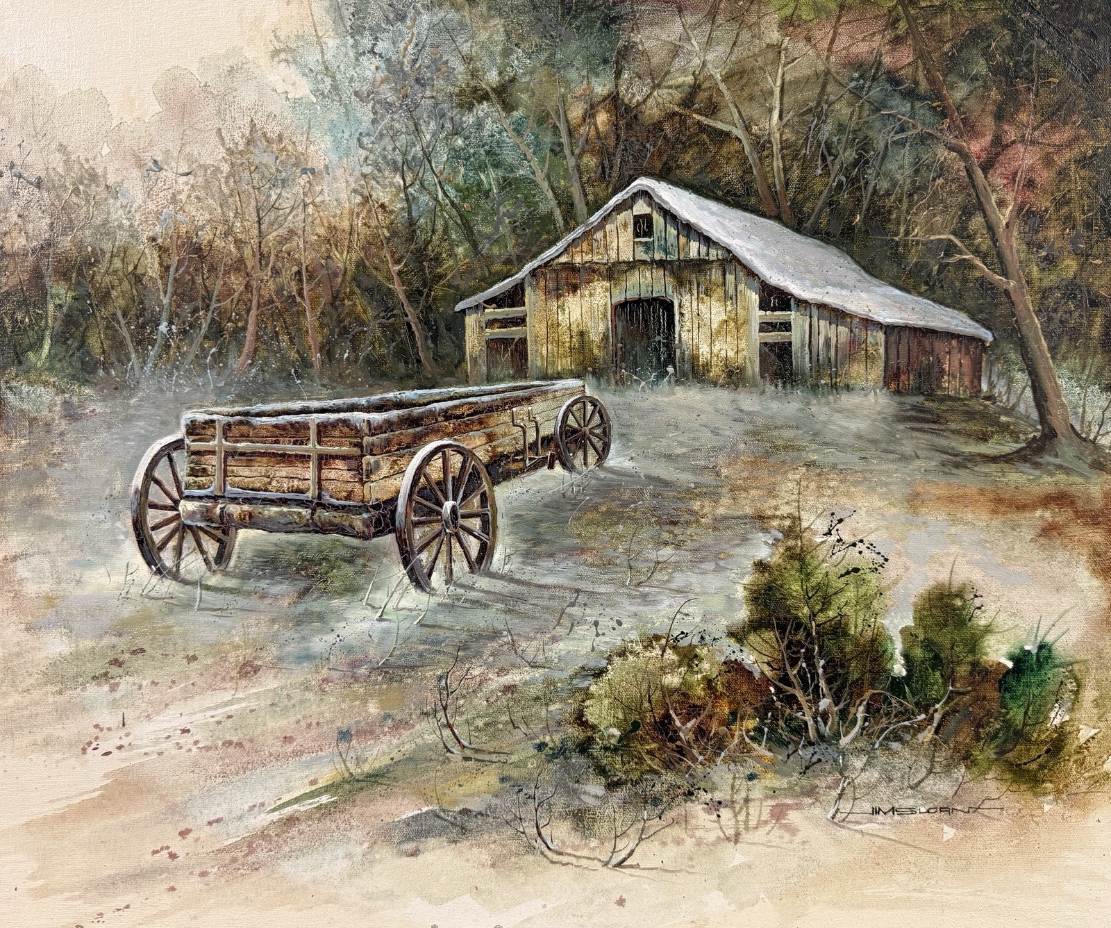 Jim Sloan, Vintage Oil Painting, Rustic Landscape – Barn