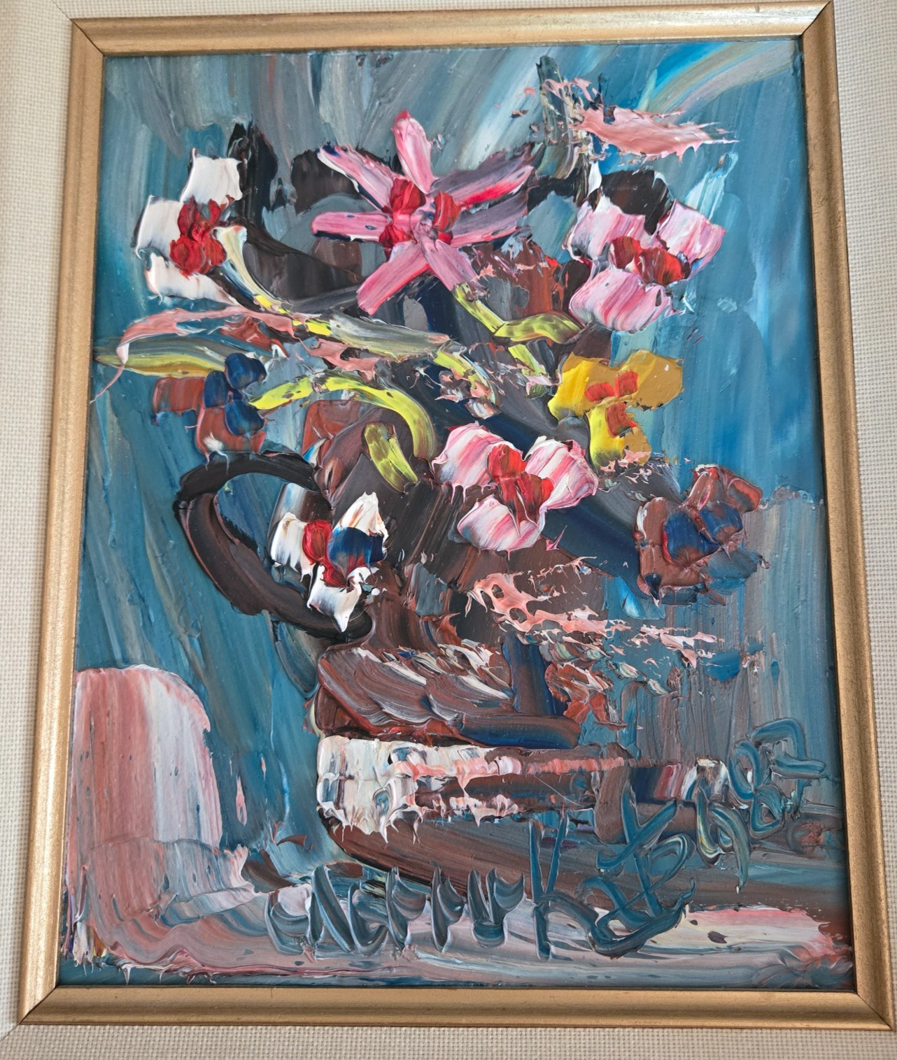 Morris Katz Original Painting Floral Bouquet Signed 1988 Framed Matted 8×10