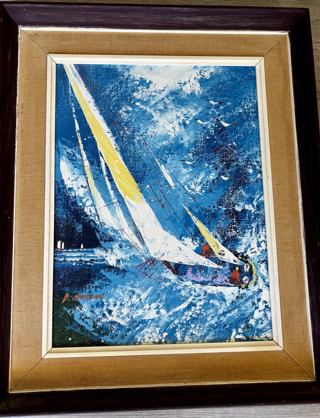 Vtg Signed Original Oil Painting Sailboat Palette Knife Abstract Nautical Framed