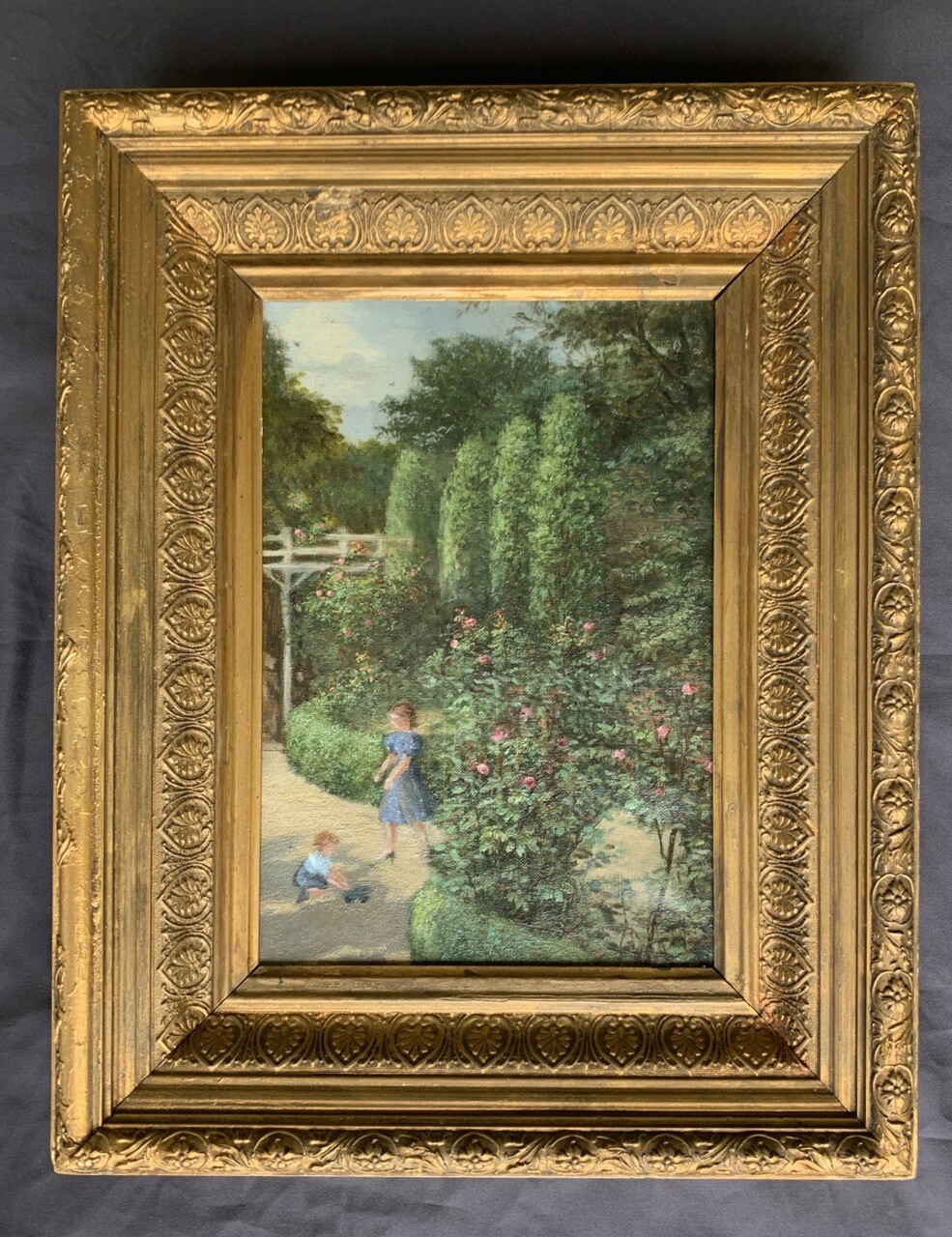 Vintage Danish Oil Painting, “Mother & Child in the Rose Garden”, 1920’s-1930’s