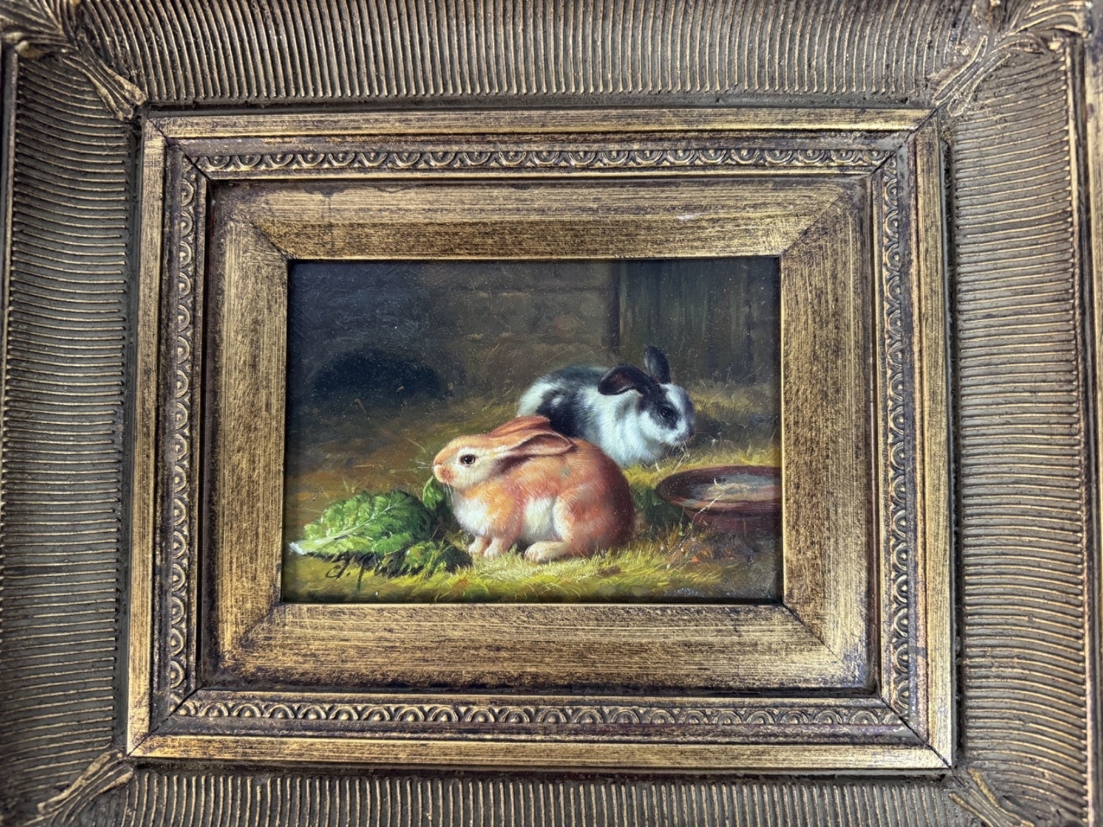 Gilded Framed Signed Medium Sized Oil Painting Bunny Rabbit’s Antique Style chic