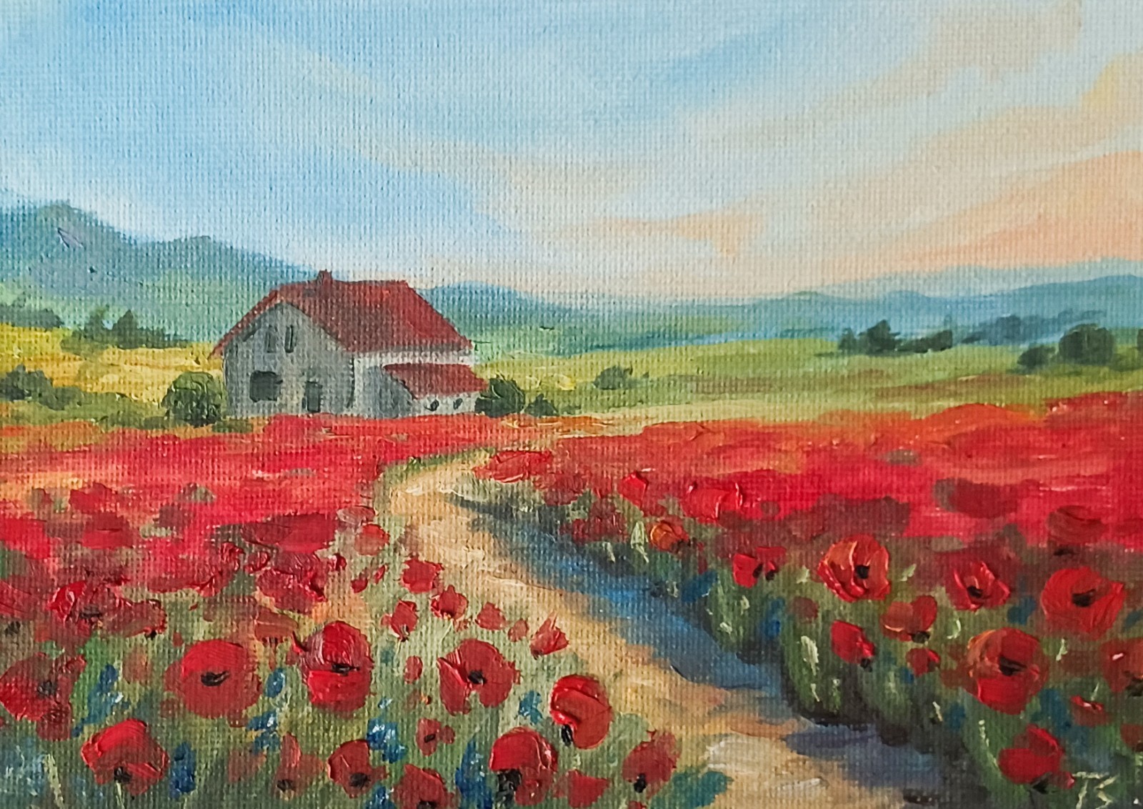 ORIGINAL Oil Painting Modern Impressionism Landscape House Poppy Field 5″x7″