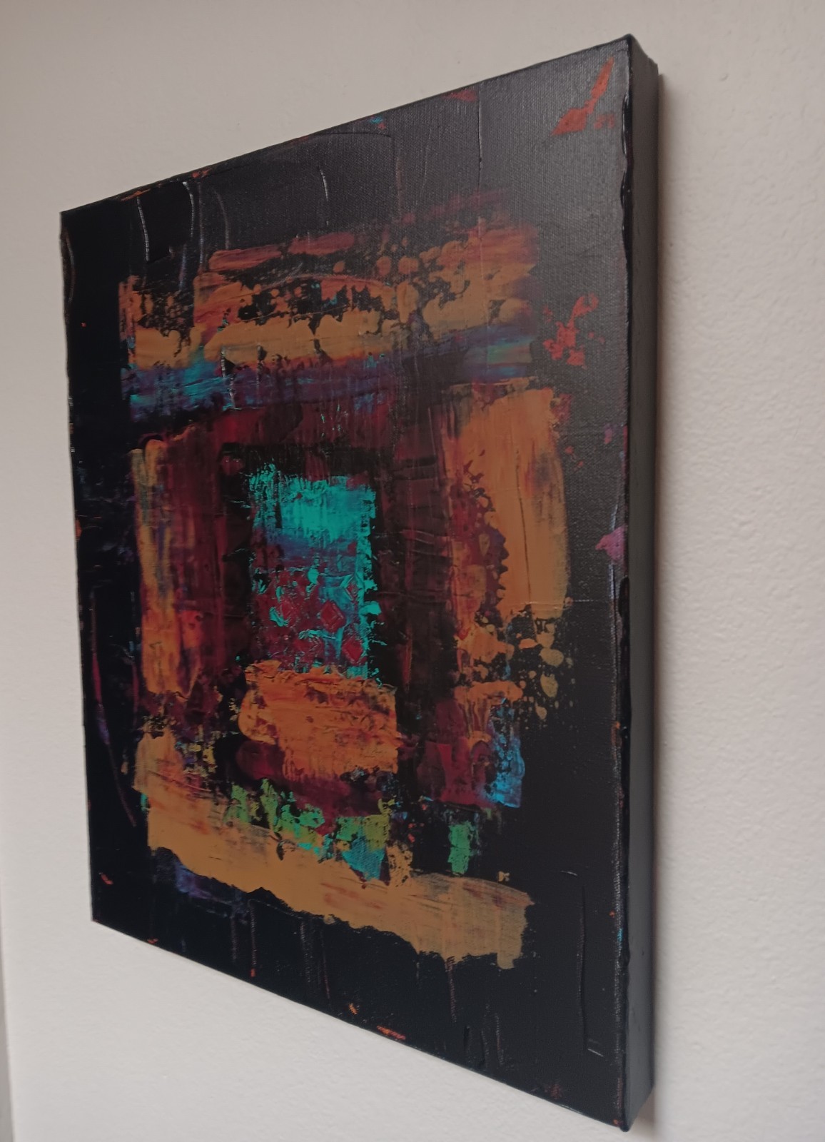 Small abstract original black turquoise blue purple red ochre «Long Night»