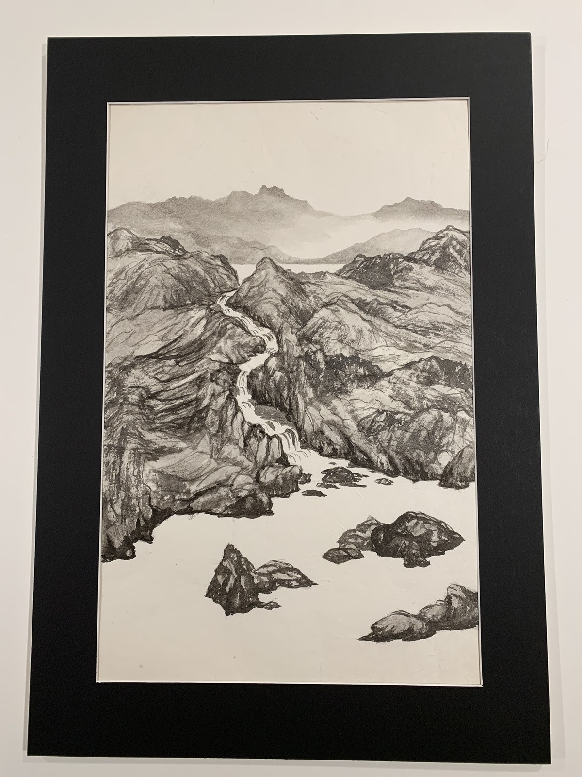 Vintage Original Watercolor Of Stream Coming Down Rocks With Mountains