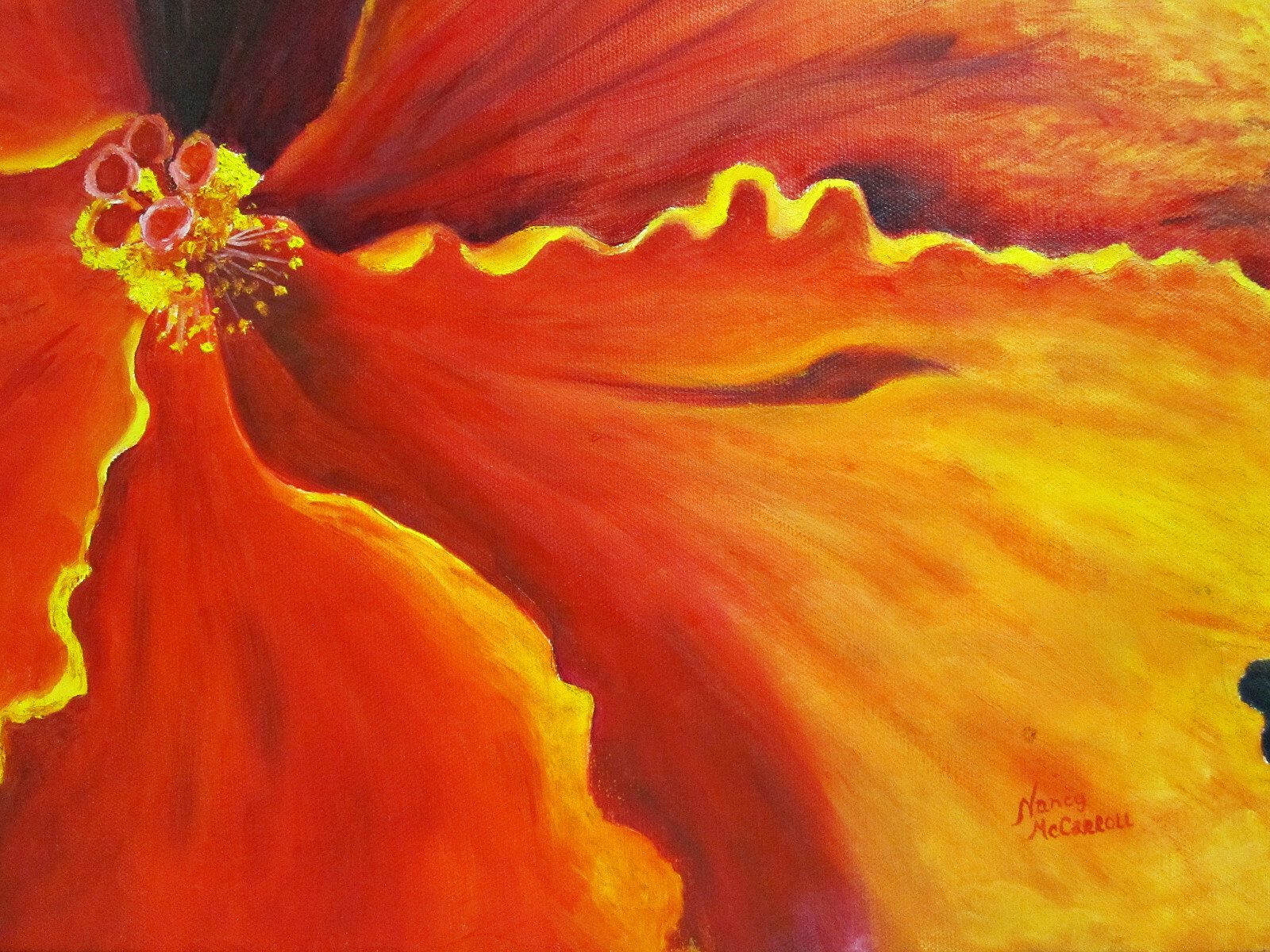 Original Red Poppy Flower Oil on Canvas Painting by Nancy McCarroll – Framed Art