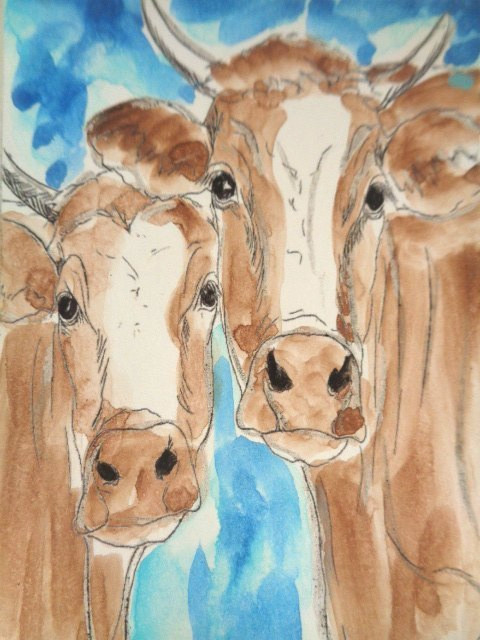 ATC ACEO Country Farm COWS Painting Art