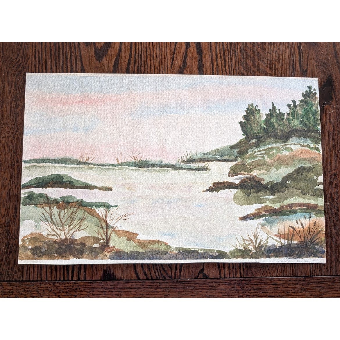 Vtg 70s Landscape Watercolor 10×16 Lake Water Front Nature Country Signed Banas