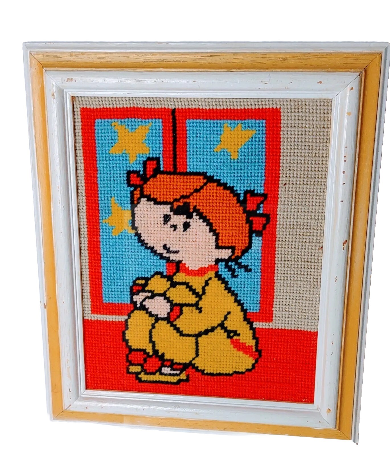 Vintage Framed Needlepoint Picture – Child’s Room Nursery Preschool Decor- 12×10