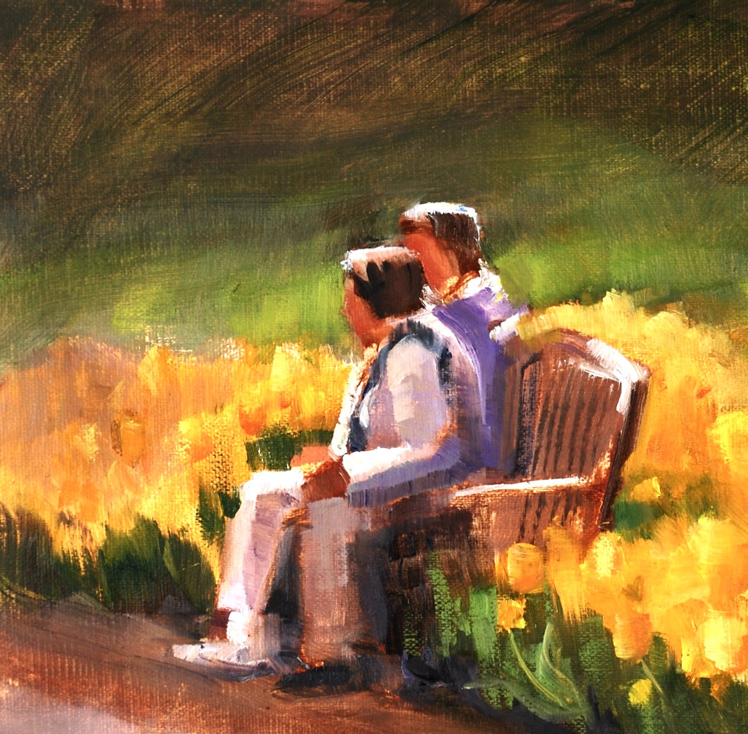 Yellow Tulips Painting with Couple Garden Landscape 6 x6 Original Oil Whitney