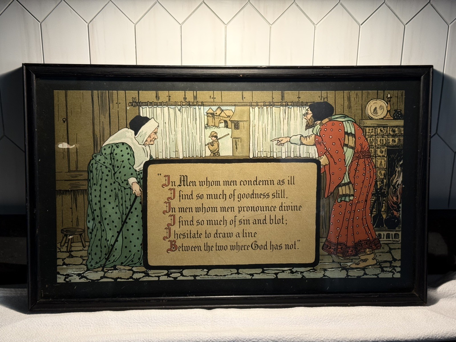 1904 Taber Prang Art Co Motto Lithograph Joaquin Miller Poem Wavy Glass Framed