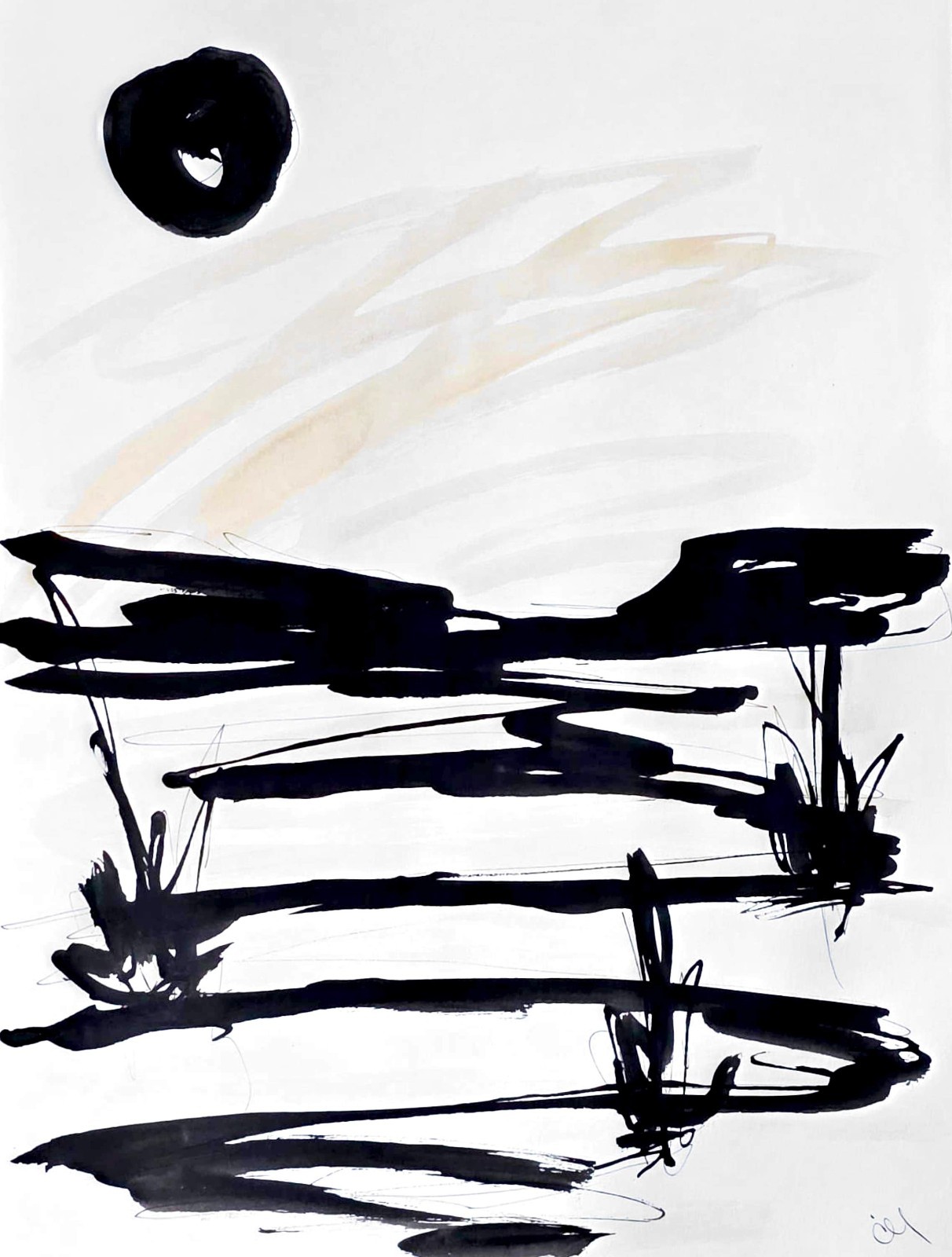 Original Hand Painted 9×12 Abstract Ink Monochrome Paper Art Signed Modern Piece