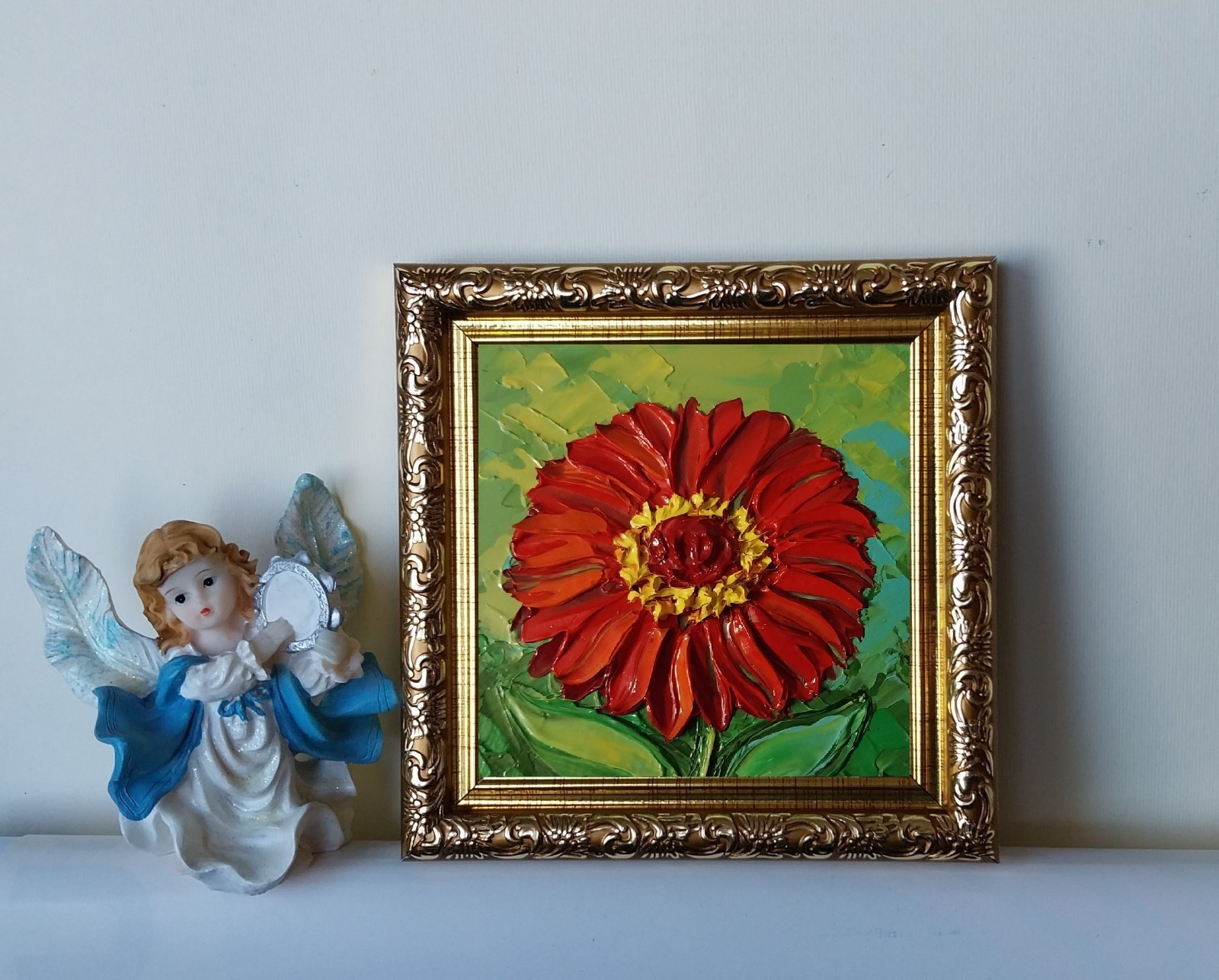 Framed Red Zinnia Art Garden Flowers Art 4×4 inch Impasto Oil Painting Original