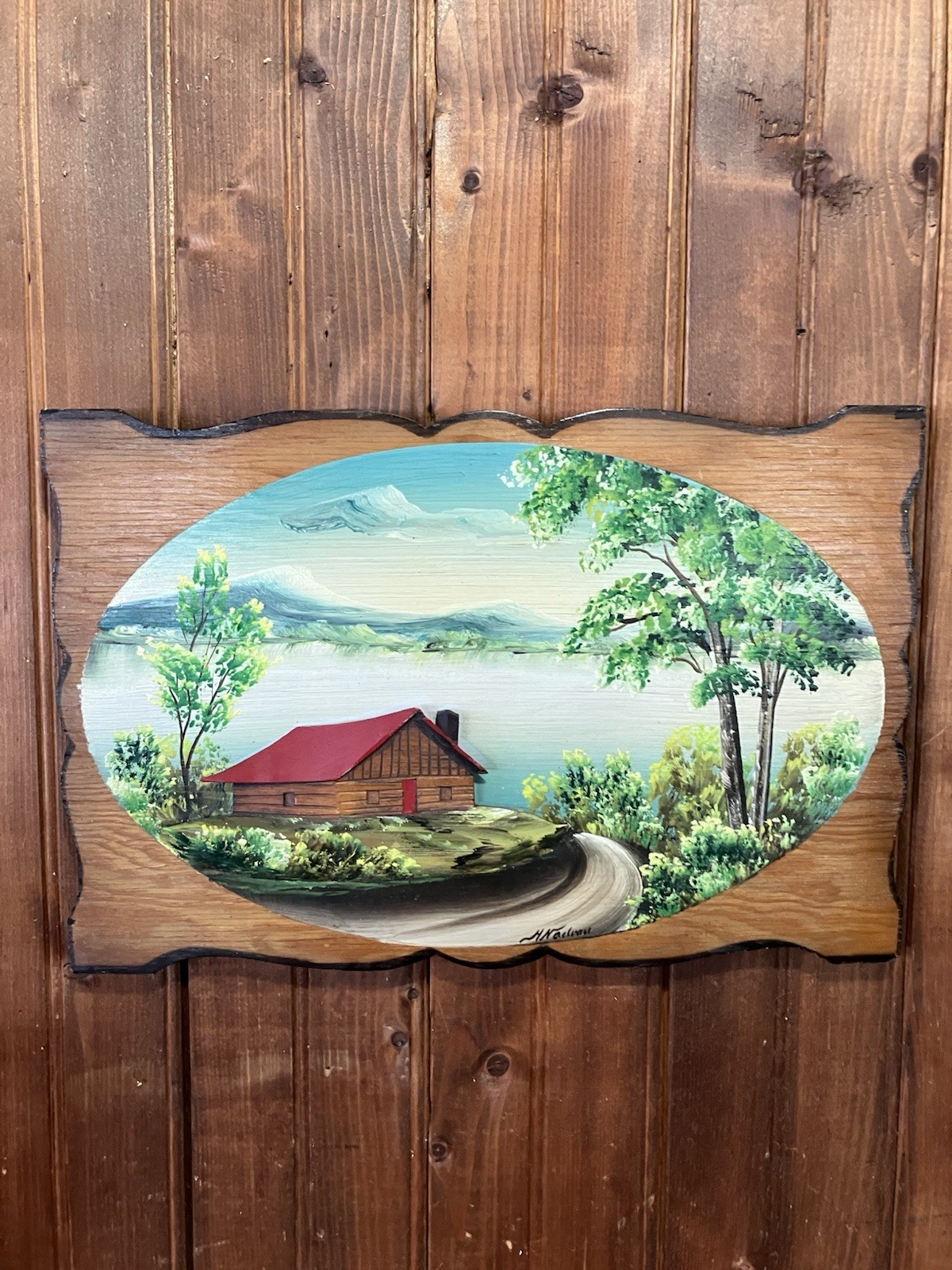 Vintage FolkArt Carved and Painted Cabin Scene Acrylic Paint On Wood