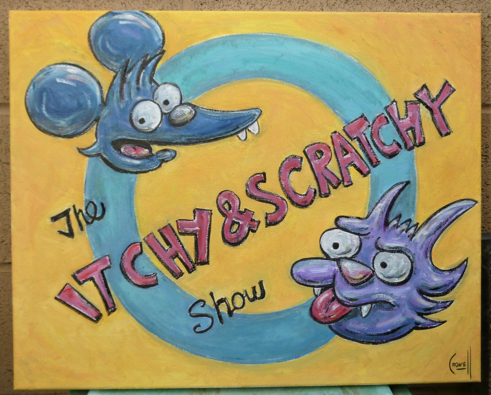 ITCHY & SCRATCHY Simpsons NEW original 16×20 canvas oil painting signed Crowell