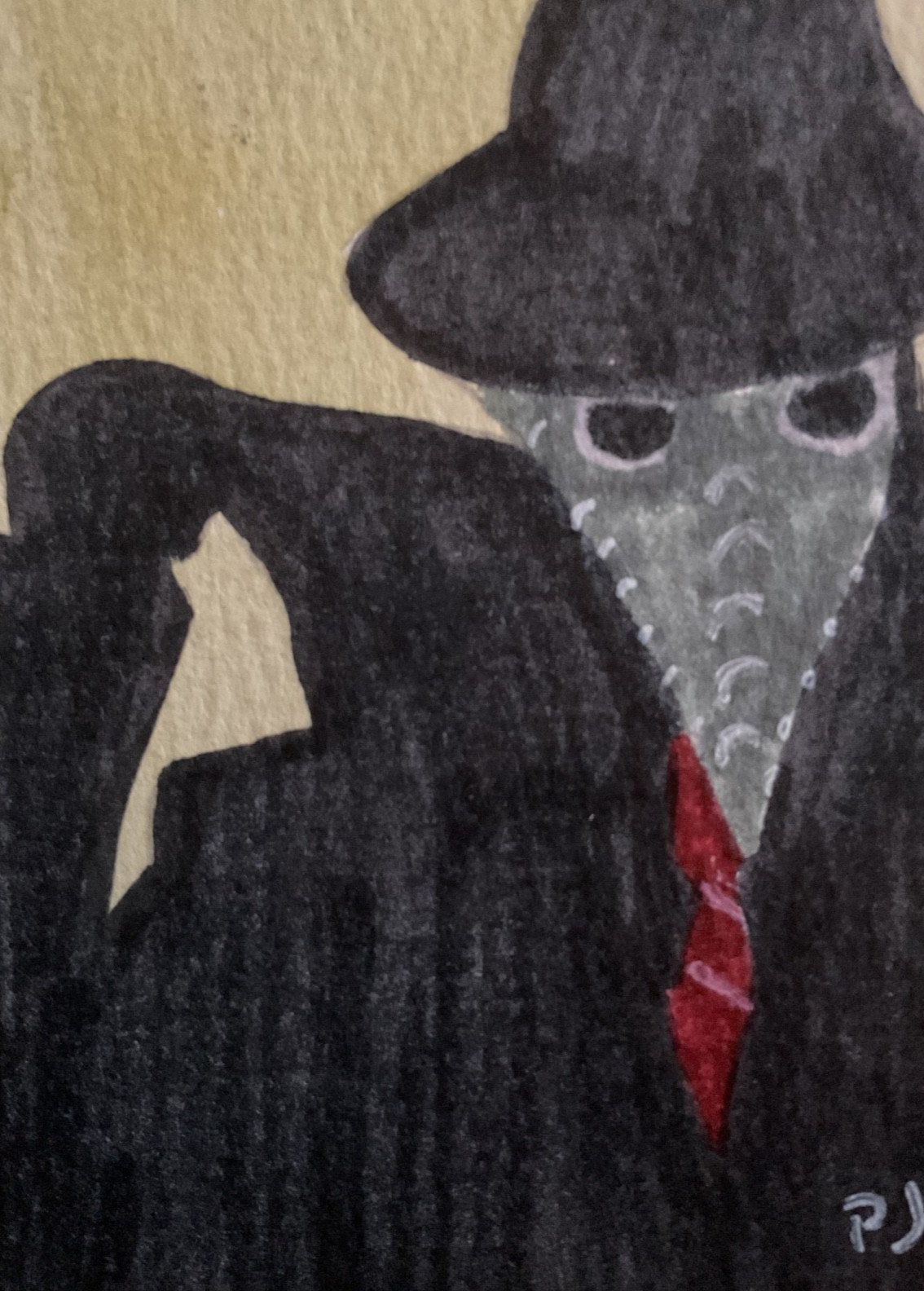 ACEO watercolor art by PJ, art card 2.5 x 3.5: plague doctor adjusting coat