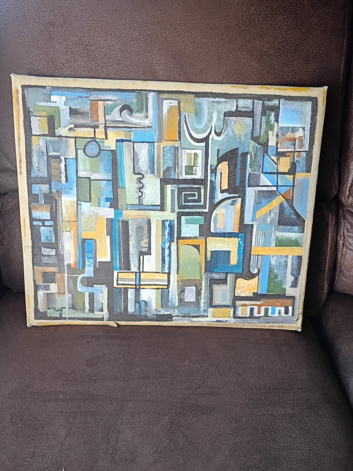 Vintage Mid Century Modern Original Oil Painting Abstract Geometric Art on Cloth