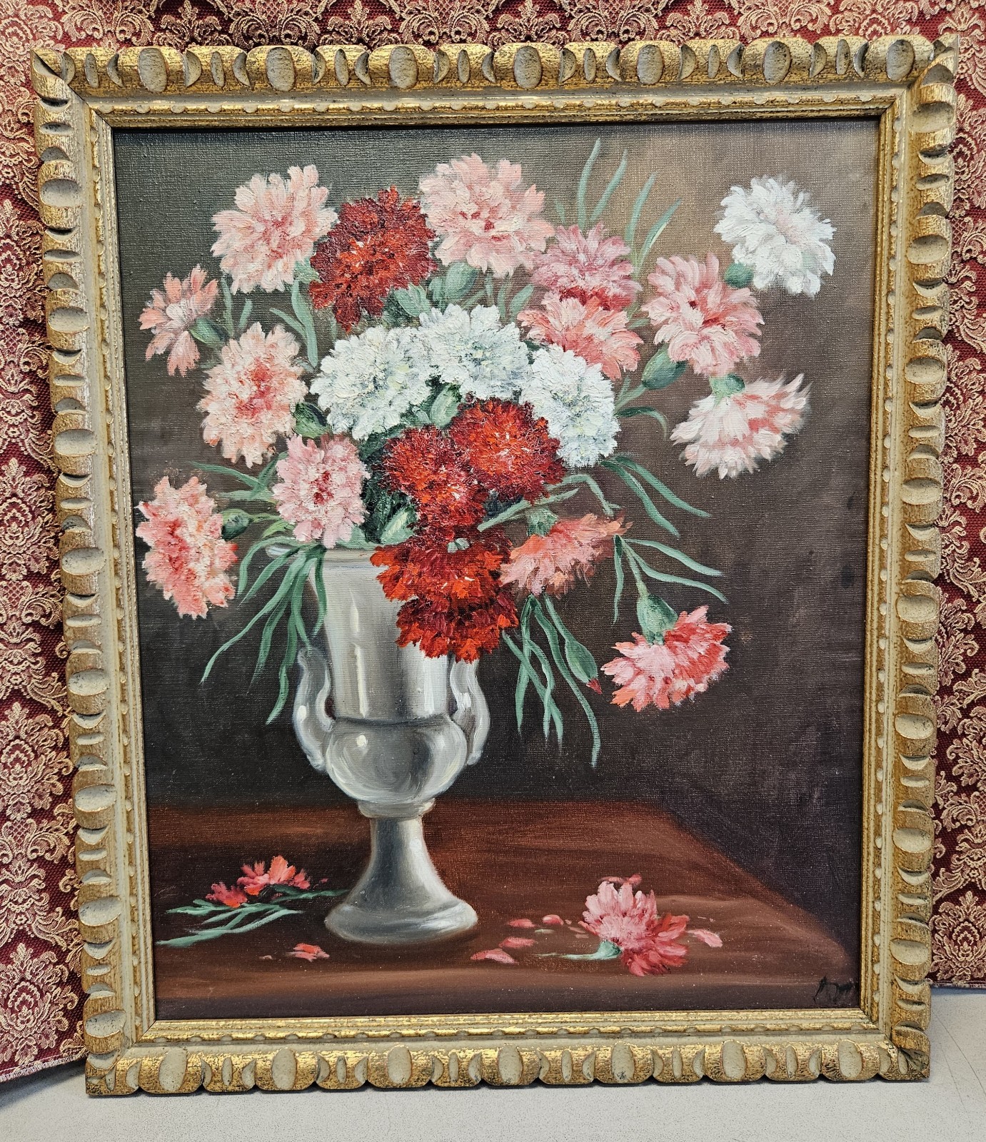 Vintage Floral Bouquet of Carnations in Vase Oil Painting Canvas Flowers FRAMED