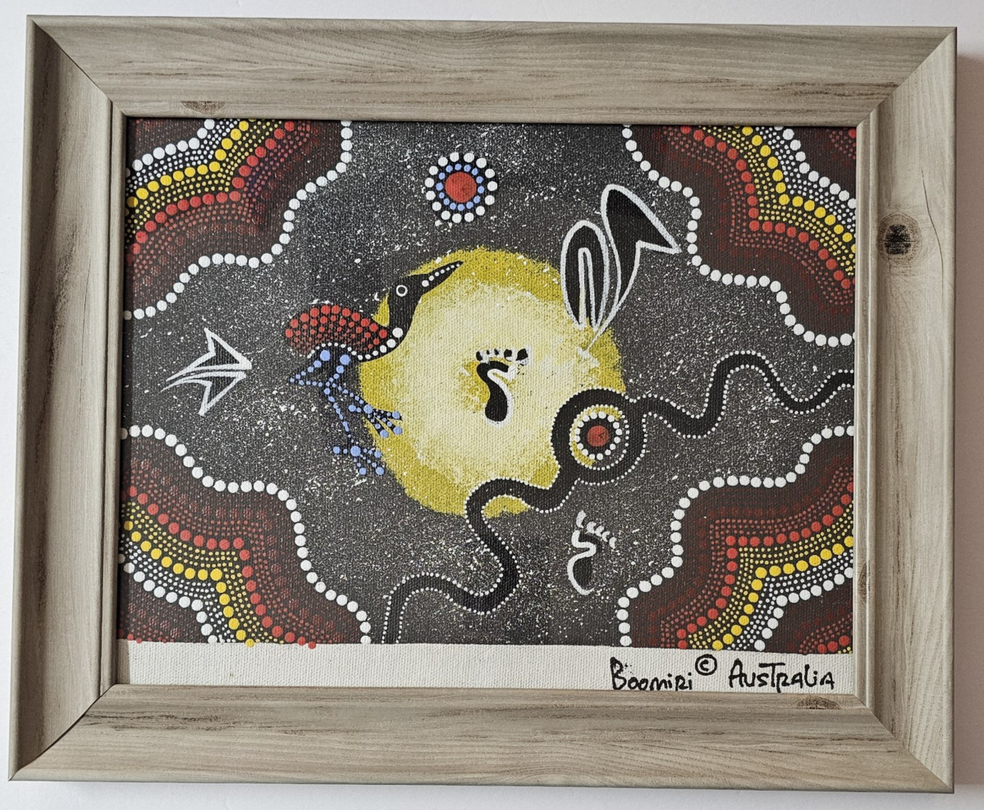 Australian Aboriginal Dot Painting Boomiri Dreamtime Scene Framed Under Glass