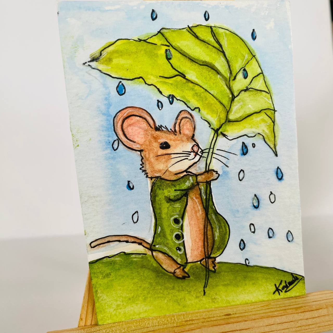 Original Watercolor Mouse Under Leaf Umbrella Whimsical ACEO fantasy Art OOAK