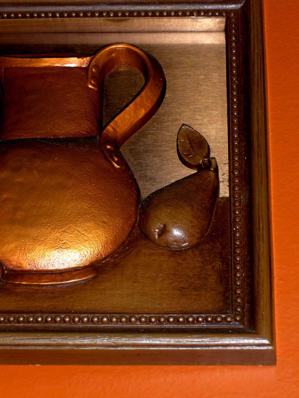 ORIGINAL VINTAGE Pitcher Fruits Rose Still Life Painted Copper like Metal Art