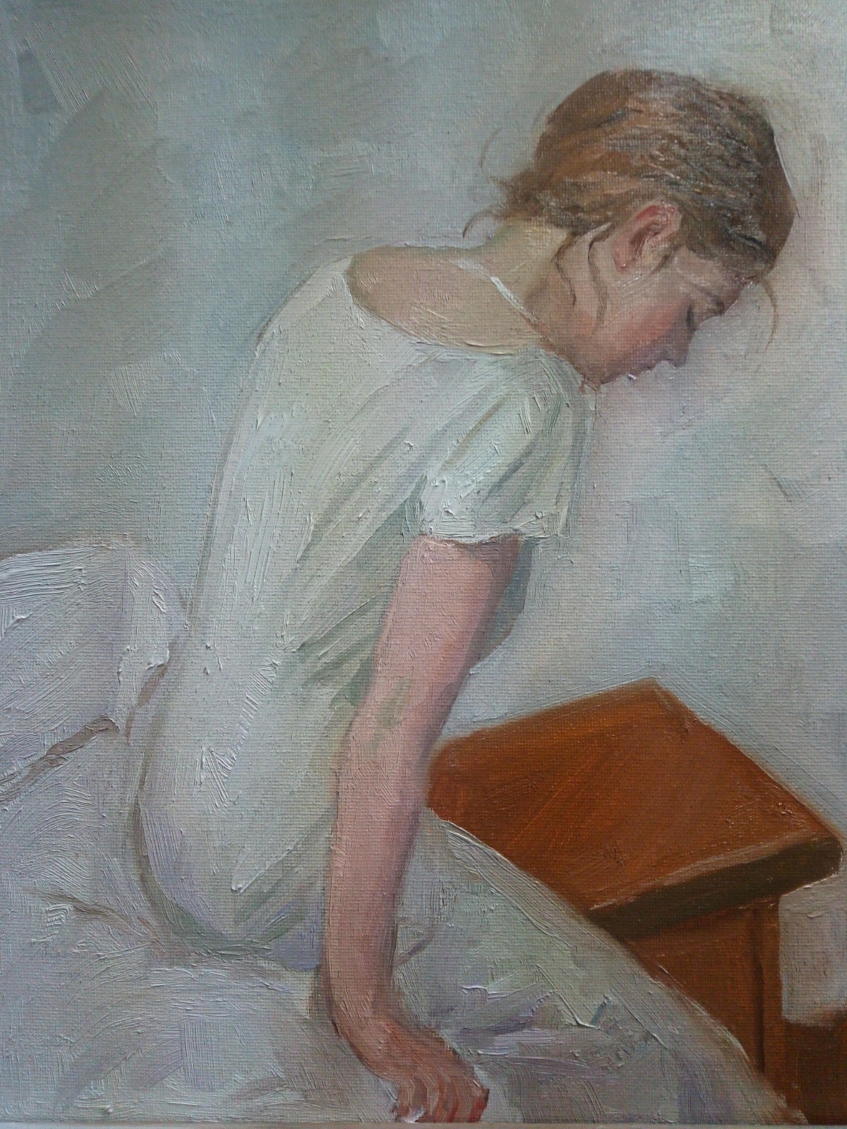 Girl sitting on bed. (original oil painting)