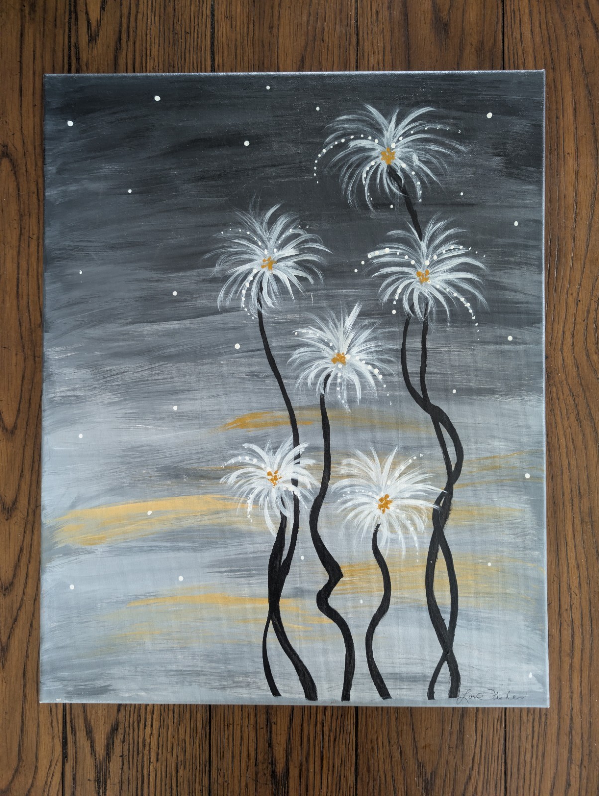 ​Lori Fisher Signed Original Canvas Painting 16×20 Abstract Floral Grey Gold