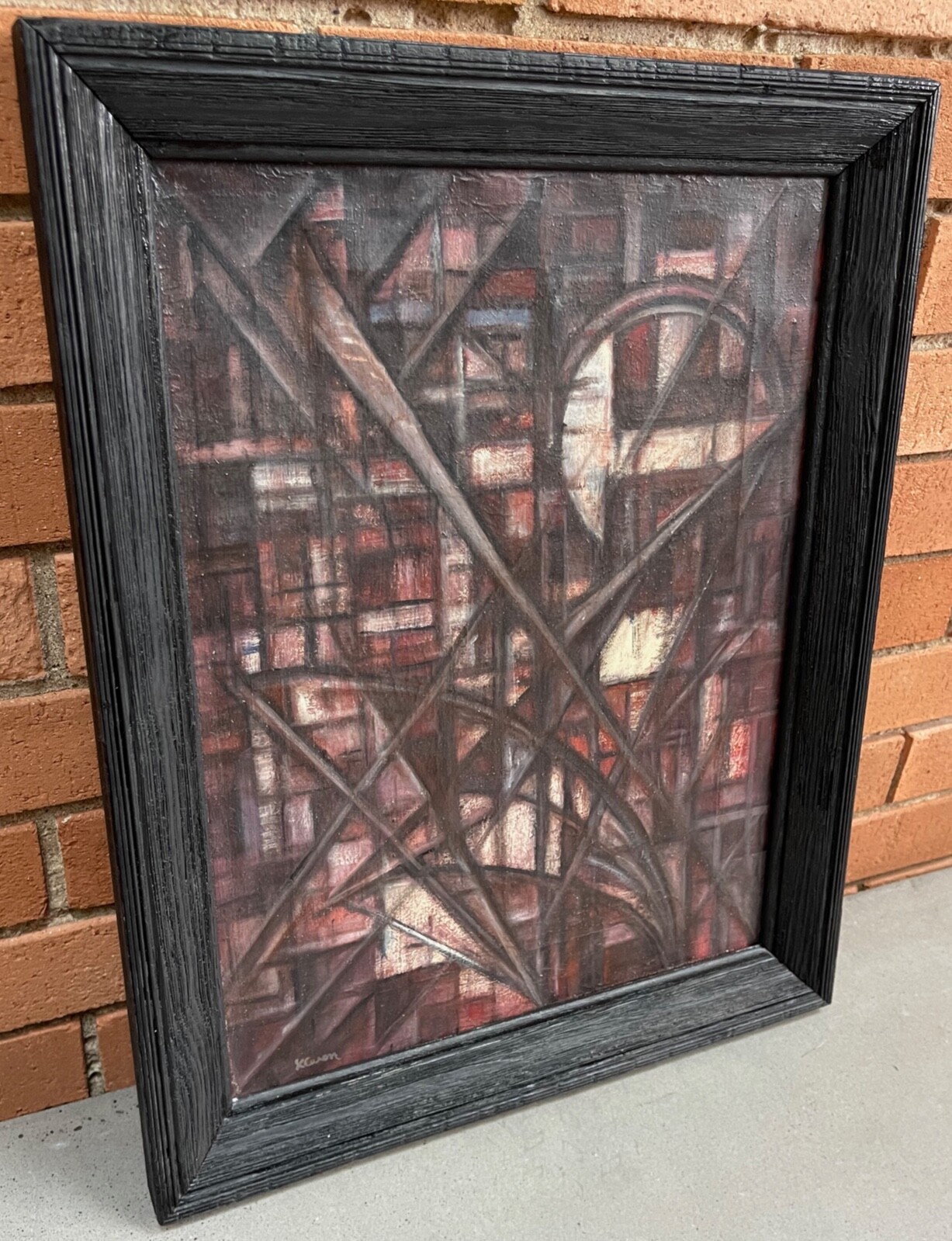 Vintage 1960s Cubist Abstract Shapes Geometric Oil Painting Mid Century Signed