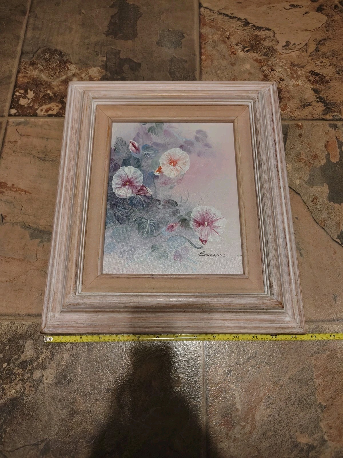 Vintage Painting Floral Morning Glory Framed Signed Suzanne 15.5×13.5 Inches