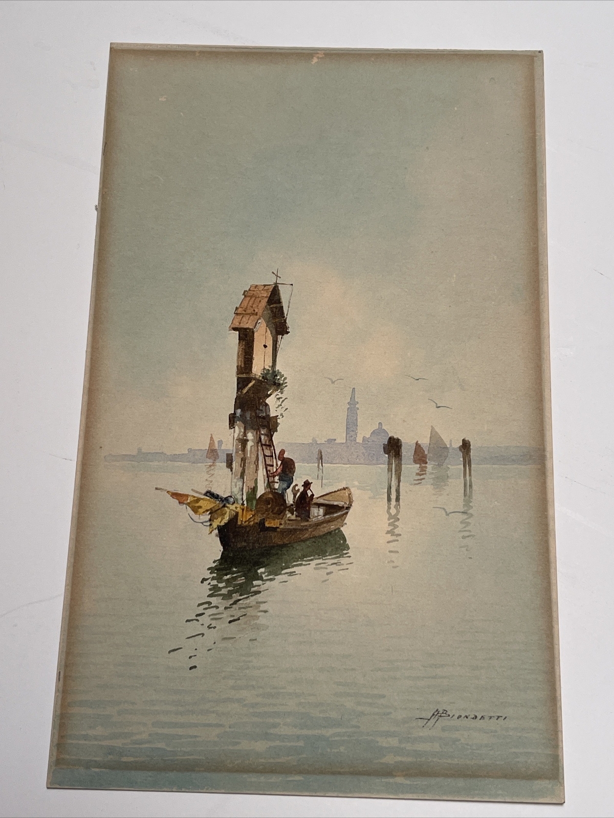 19TH CENTURY PAINTING VIEW NAUTICAL LANDSCAPE ANTIQUE 1850’S OLD BOATS MASTERFUL
