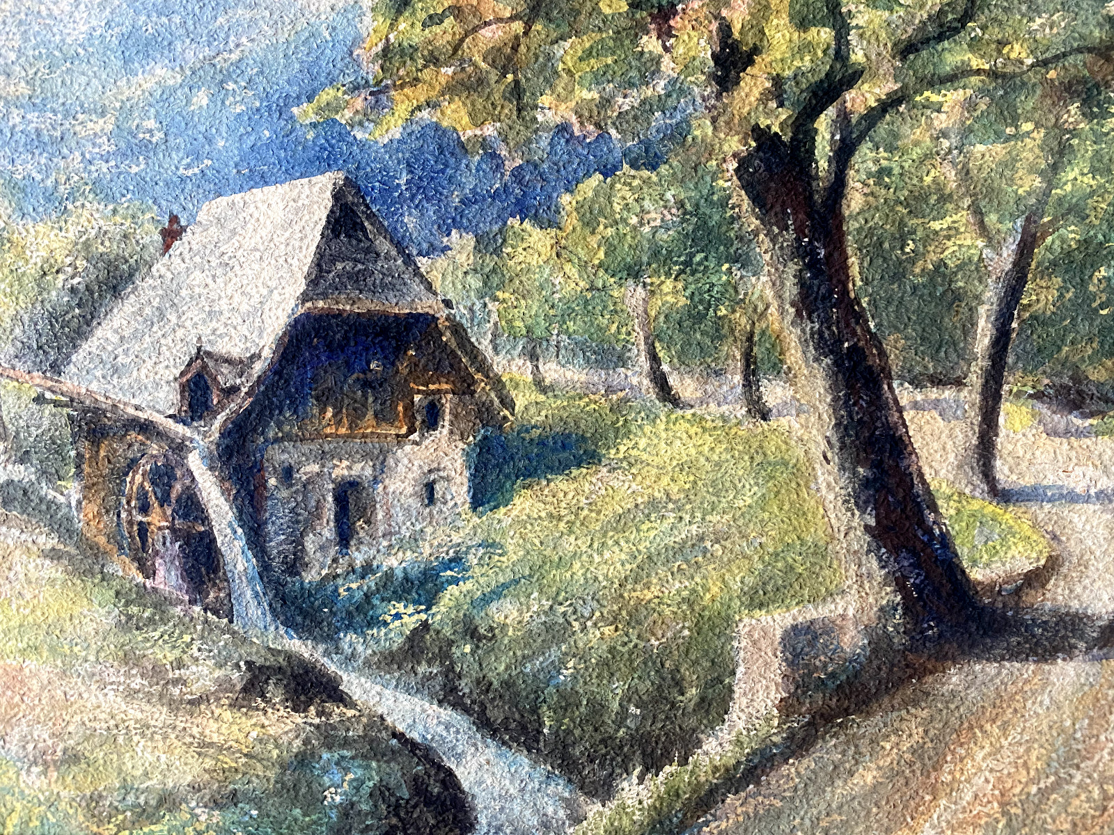 :WATERCOLOUR CIRCA 1930 WATERMILL IN VALLEY AUTUMN LATE SUMMER FRAME ANTIQUE ROAD TREE