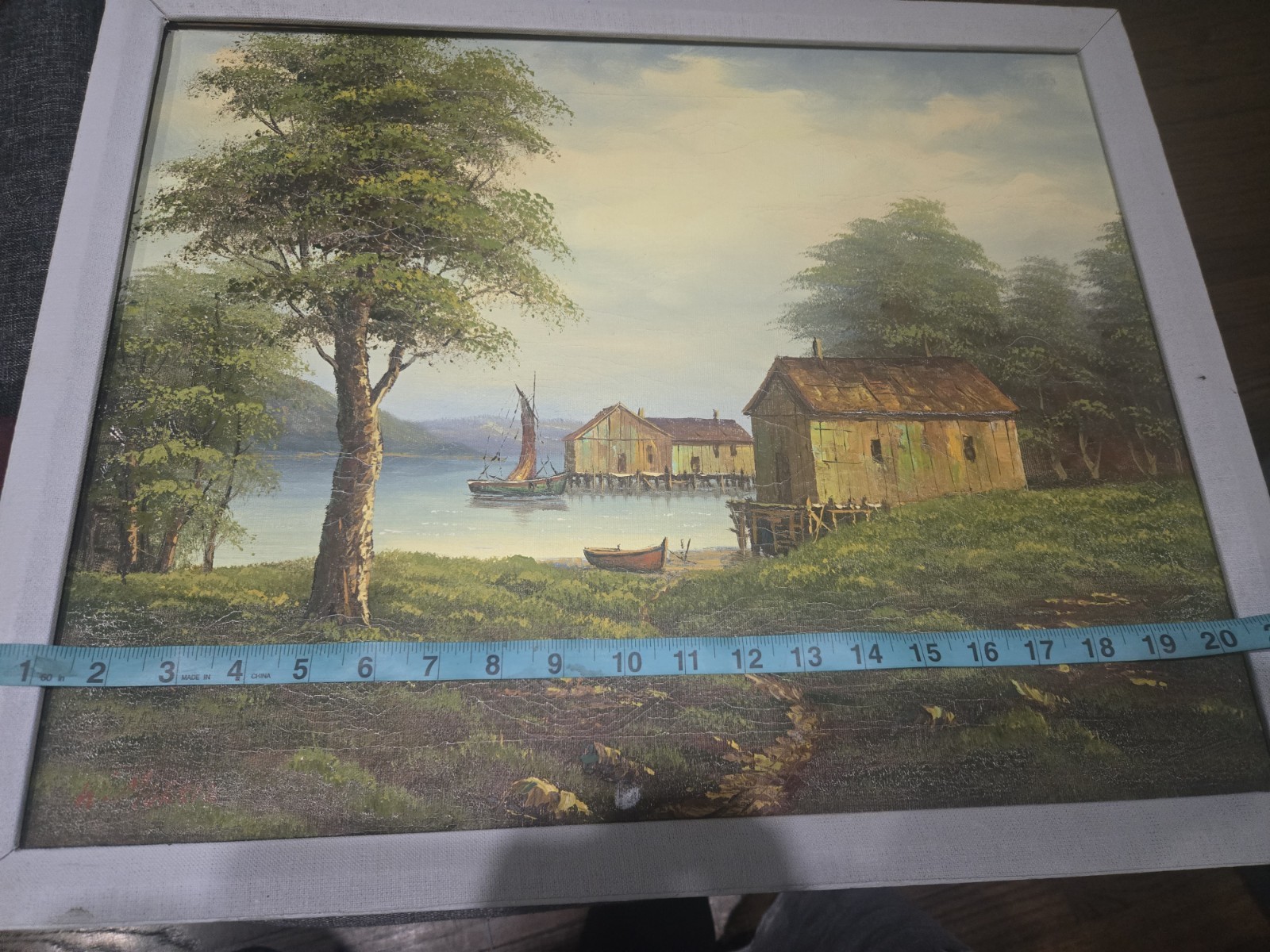 Lake House Fishing Boat Landscape Oil Painting Art by W. Morris Signed 22″ x 17″