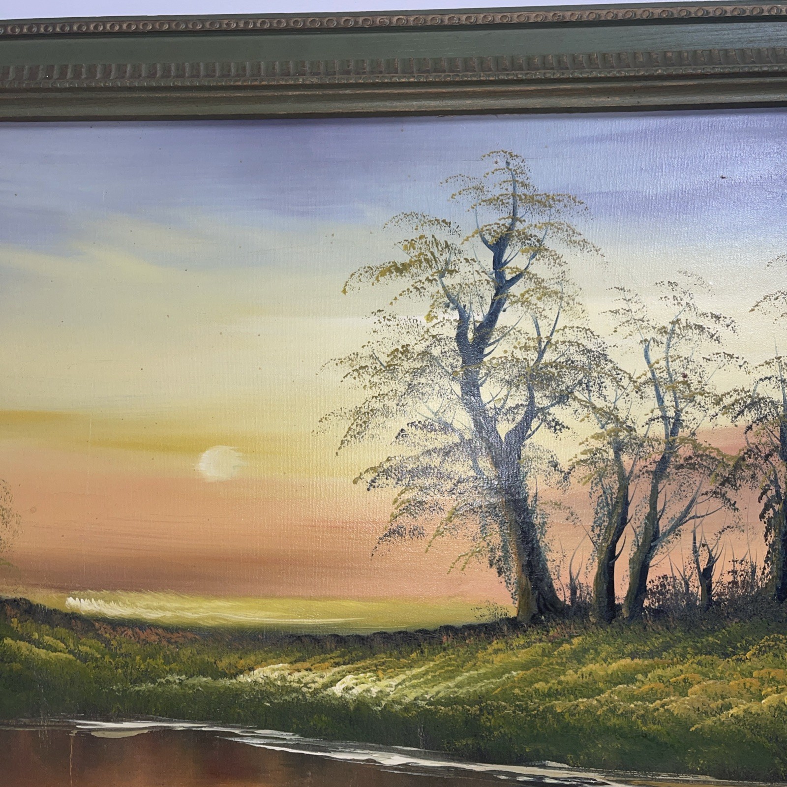 Vintage H. Brown Oil On Canvas Landscape Painting ART WORK Wood Frame 25”x36”