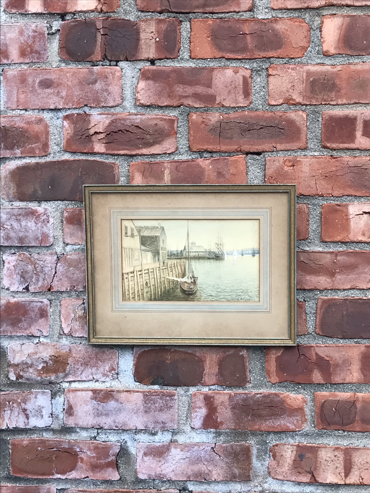 1894 New England Coastal Harbor Fishing Port Painting Boston Massachusetts Label