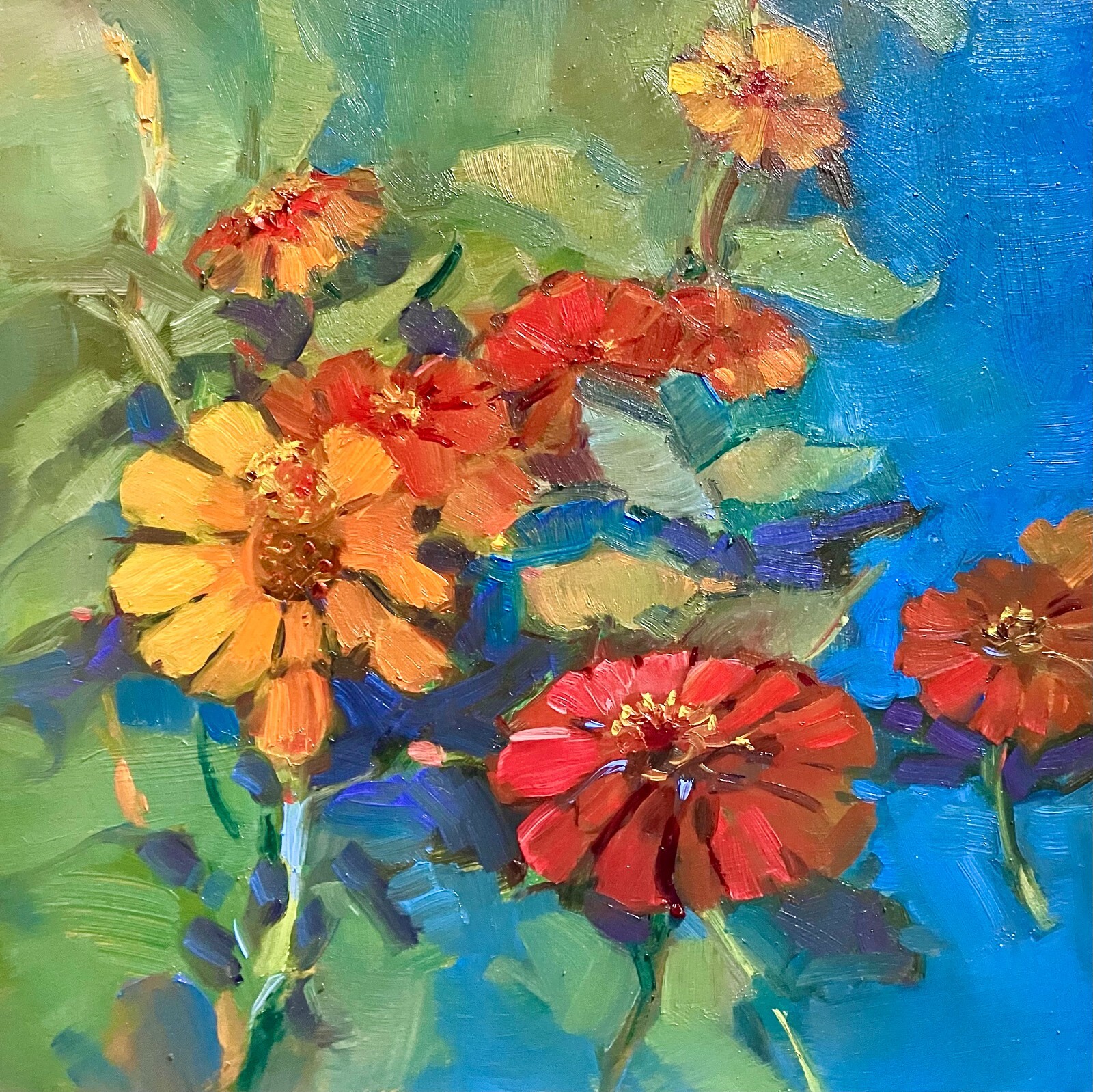 «ZINNIAS» original painting by Kim Roberti 6×6 oil/Ampersand board