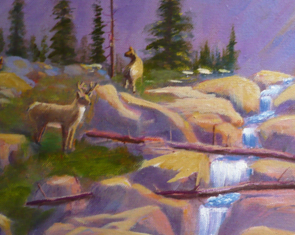 W.E. KNIGHT, Vintage OIL LUMINOUS WESTERN LANDSCAPE w/ DEER and RIVER MOUNTAIN