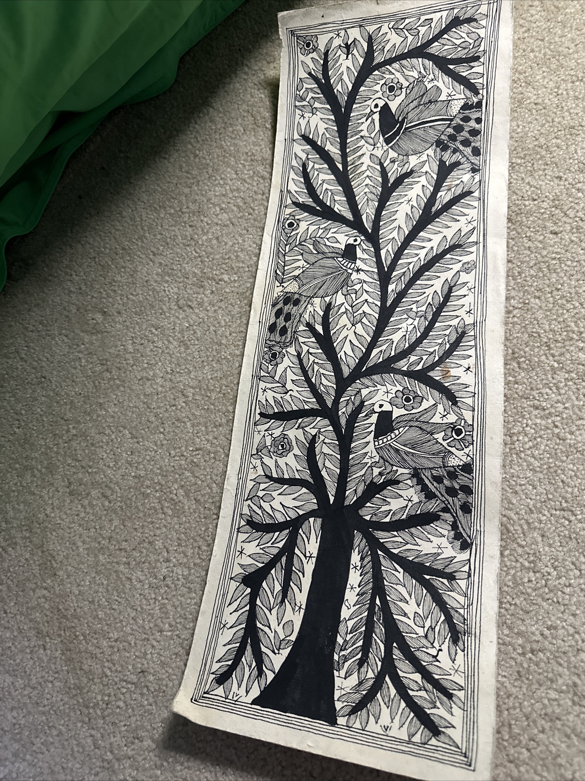 Hand Painted Tree And Bird Thin Canvas Painting Indian Art 22″ Signed Leela Devi