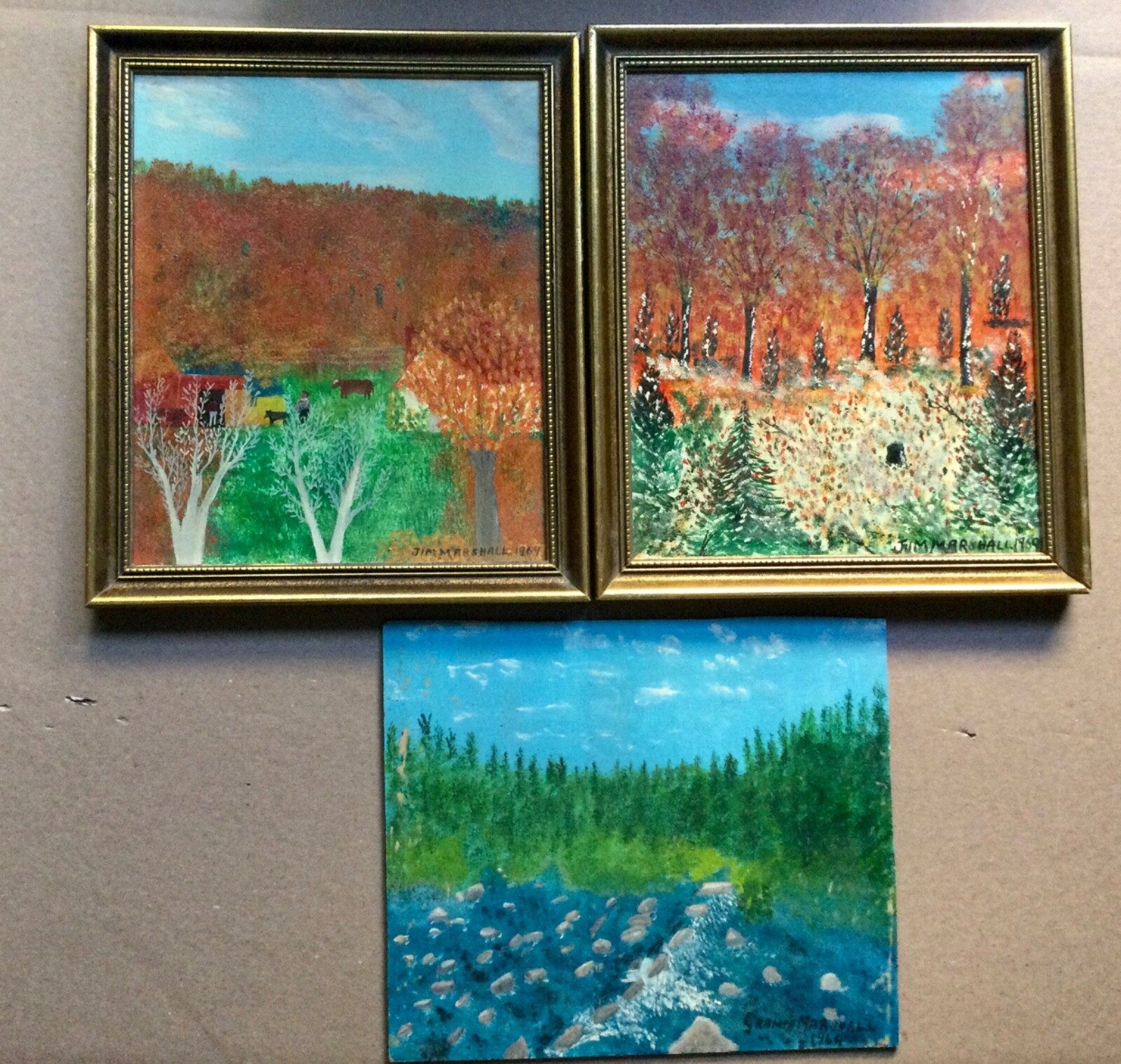 3 Great PRIMITIVE paintings by Johnstown NY artist Jim (Grandpa) Marshall 1884-